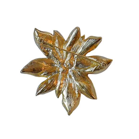 1990s Red Green Enameled Gold Plate & Rhinestones Christmas Poinsettia Brooch - Picture 2 of 3